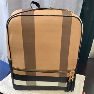 Tan and Brown Structured Backpack with Check Pattern